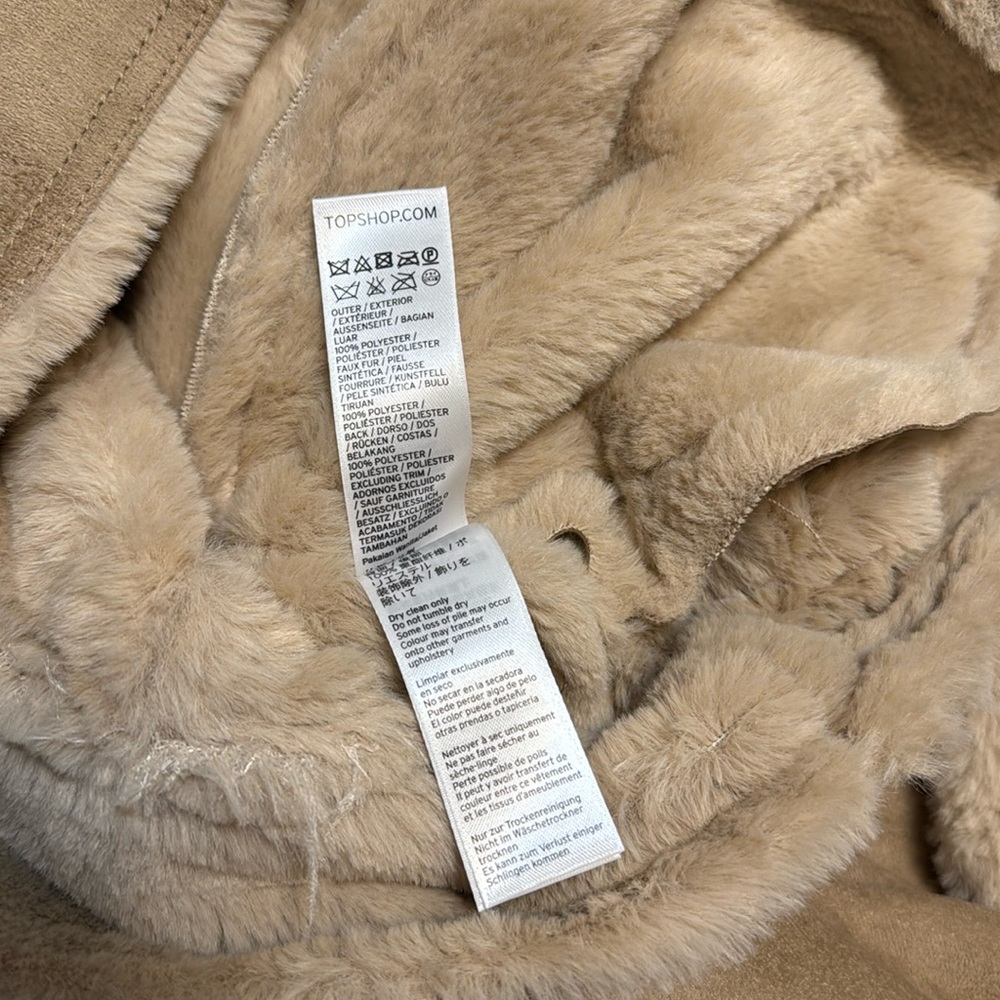 Topshop Camel Suedette Faux Fur Moto Biker Jacket with Belt - US 4 - Picture 9 of 10